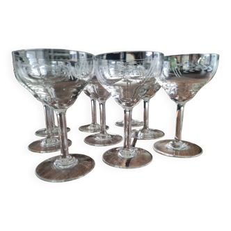 Set of 9 champagne glasses in old crystal 1920 chiseled ear of wheat