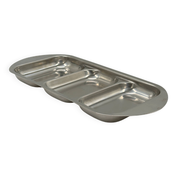 Vintage stainless steel serving tray with three compartments.