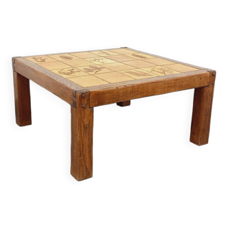 Vintage Roger Capron square coffee table in solid oak and Vallauris ceramics from the 60s and 70s