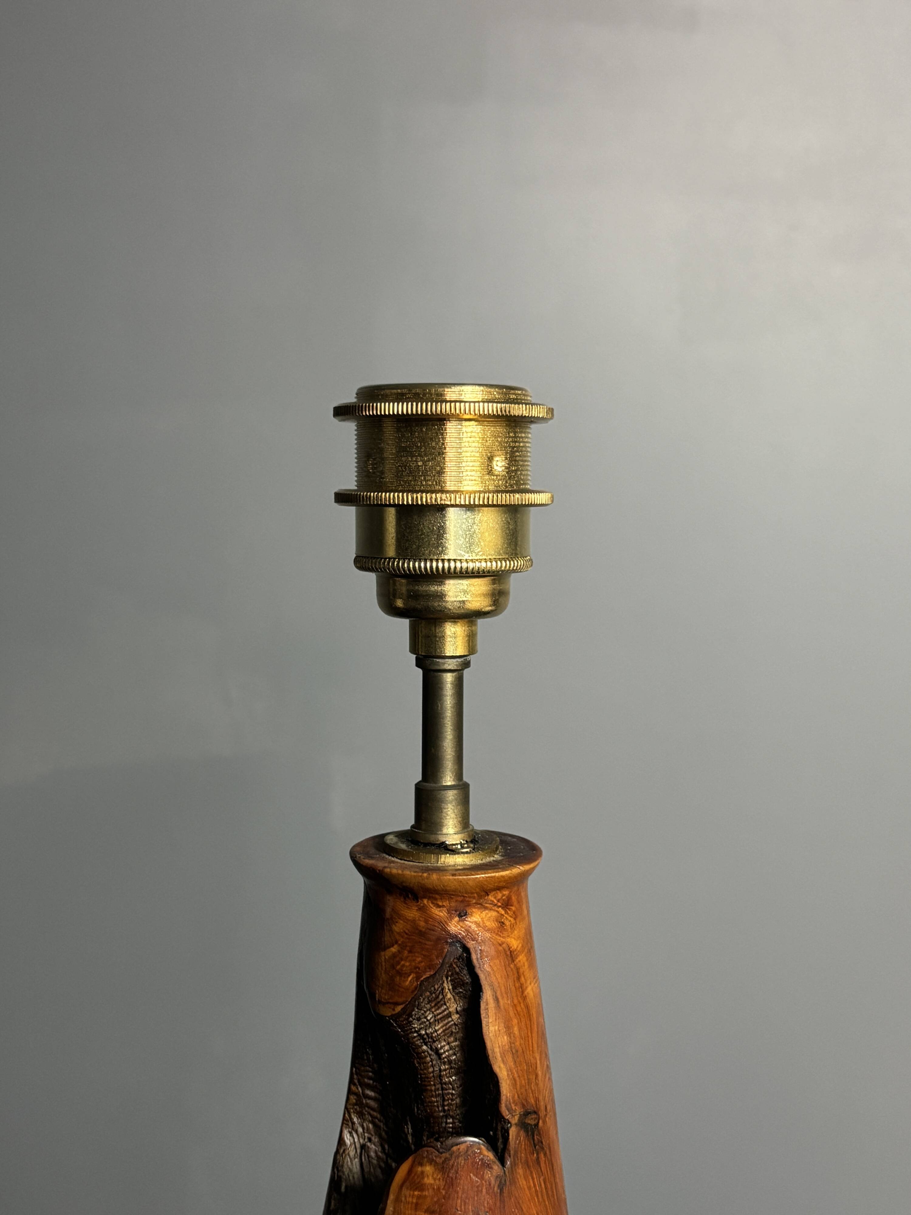 Sculptural artisanal brutalist midcentury burl wood turned table lamp 1960s