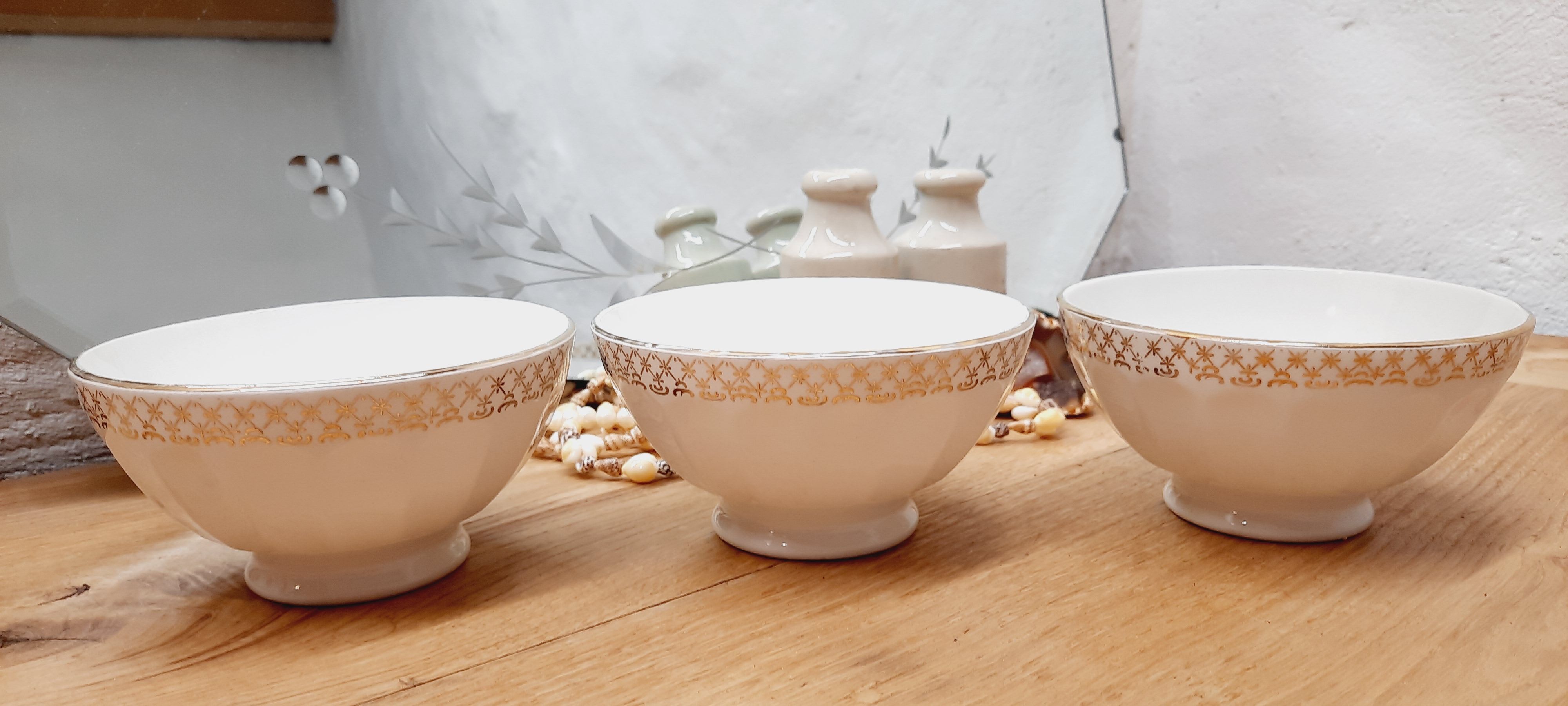 Set 3 bols faience blanc et or