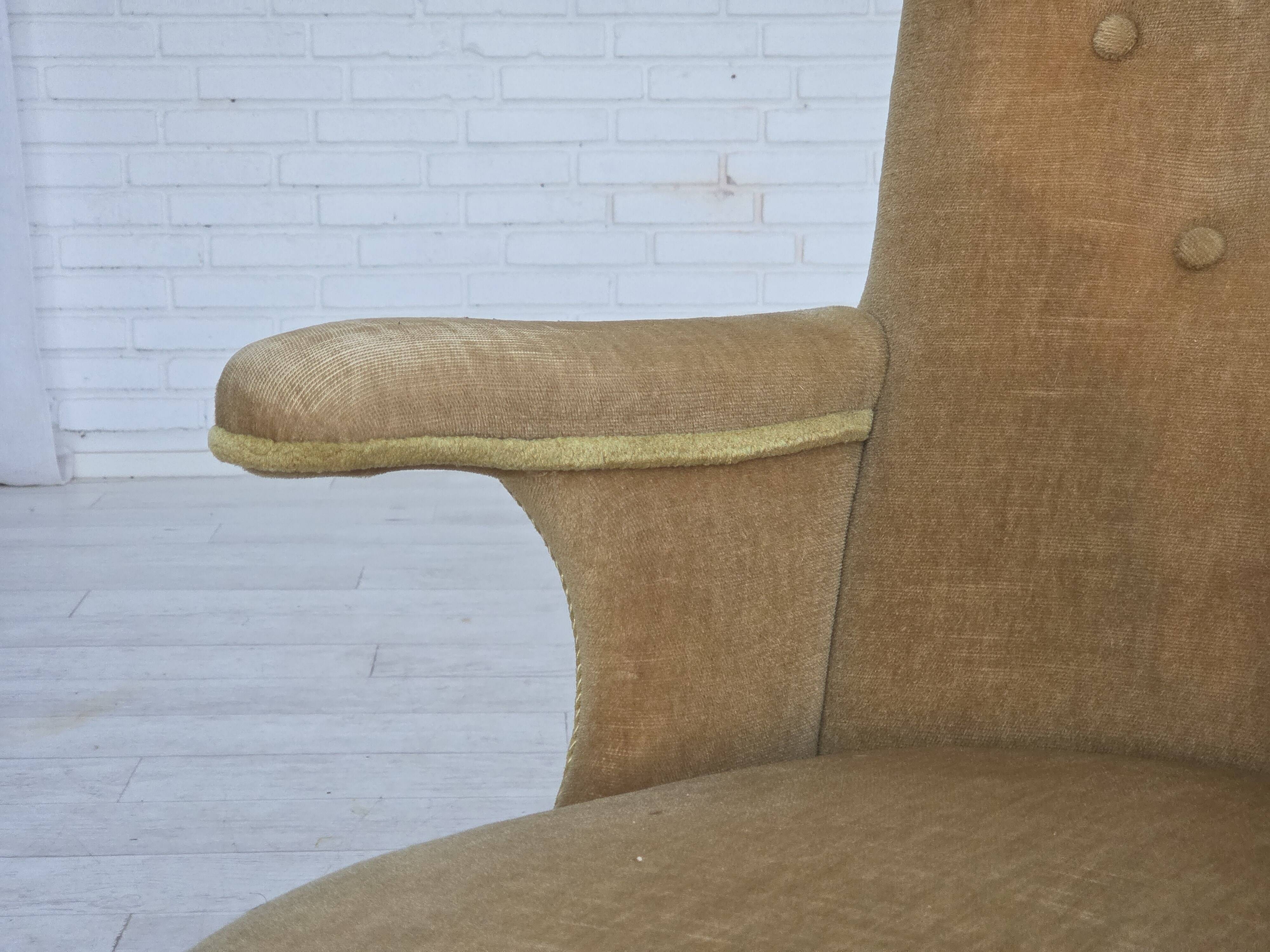 1950s, Danish armchair, furniture velour, ash wood legs.