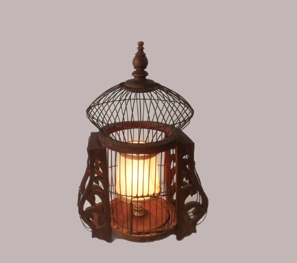 Antique wooden birdcage table lamp light bird home vintage
