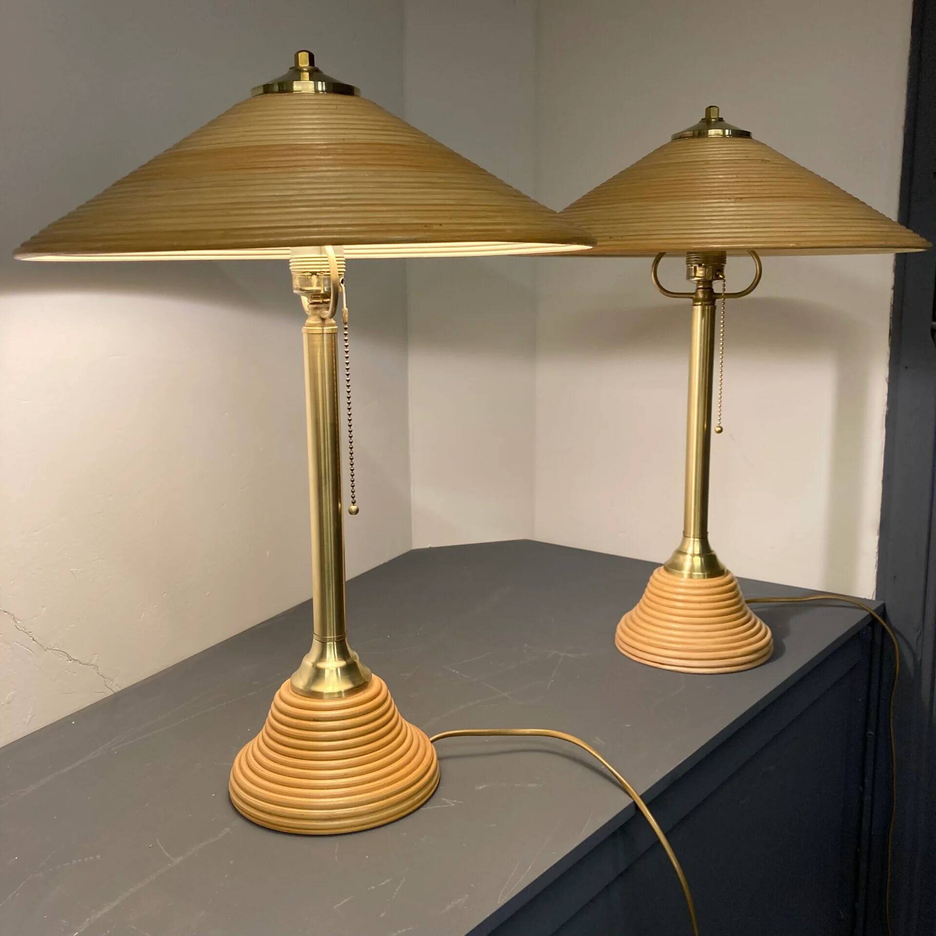 Vintage Pencil Reed table lamp set, Italy, 1970s