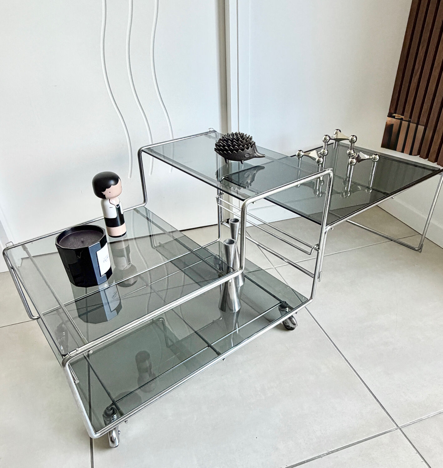Coffee table / chrome and smoked glass by Max Sauze