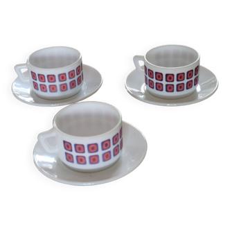 3 cups with their Arcopal saucers - vintage