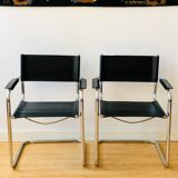 Pair of tubular armchairs in metal and leather Style Marcel Breuer