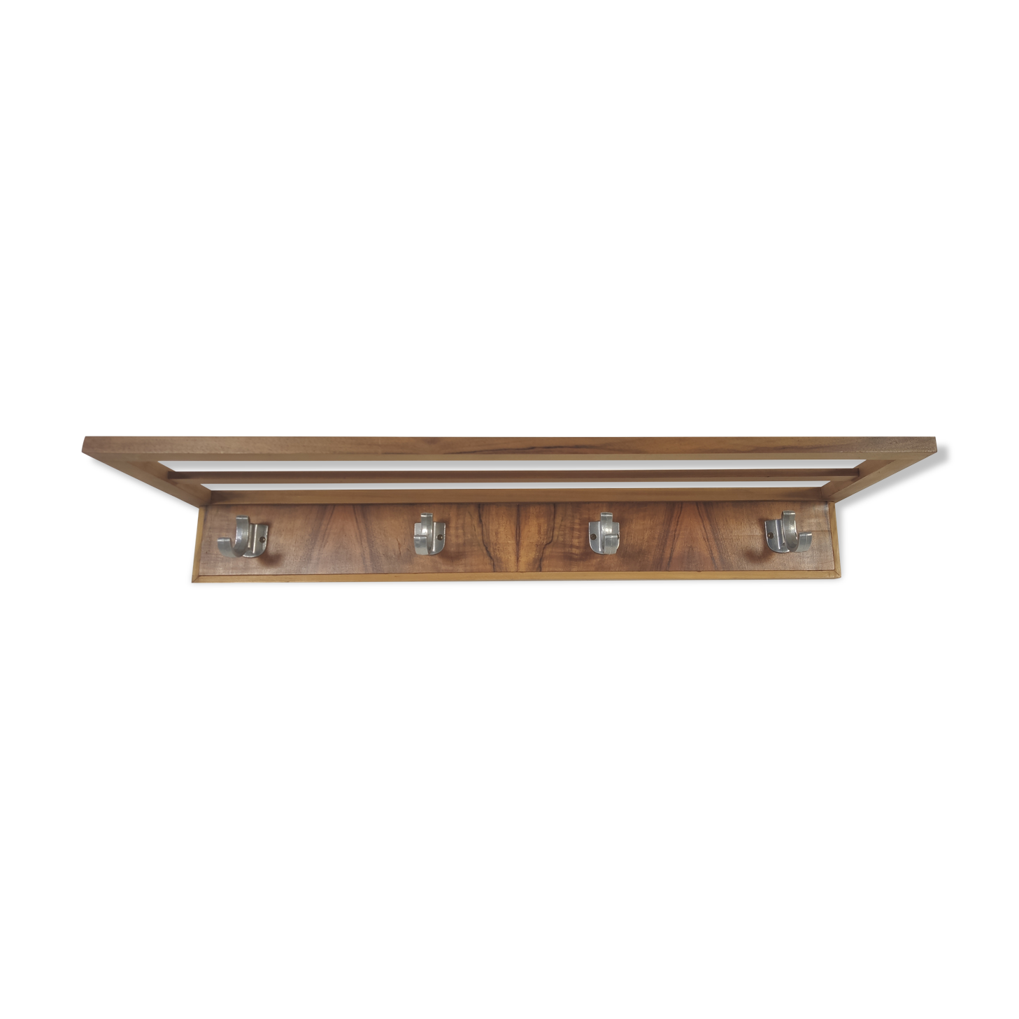 Walnut and metal wall coat rack, 1950s