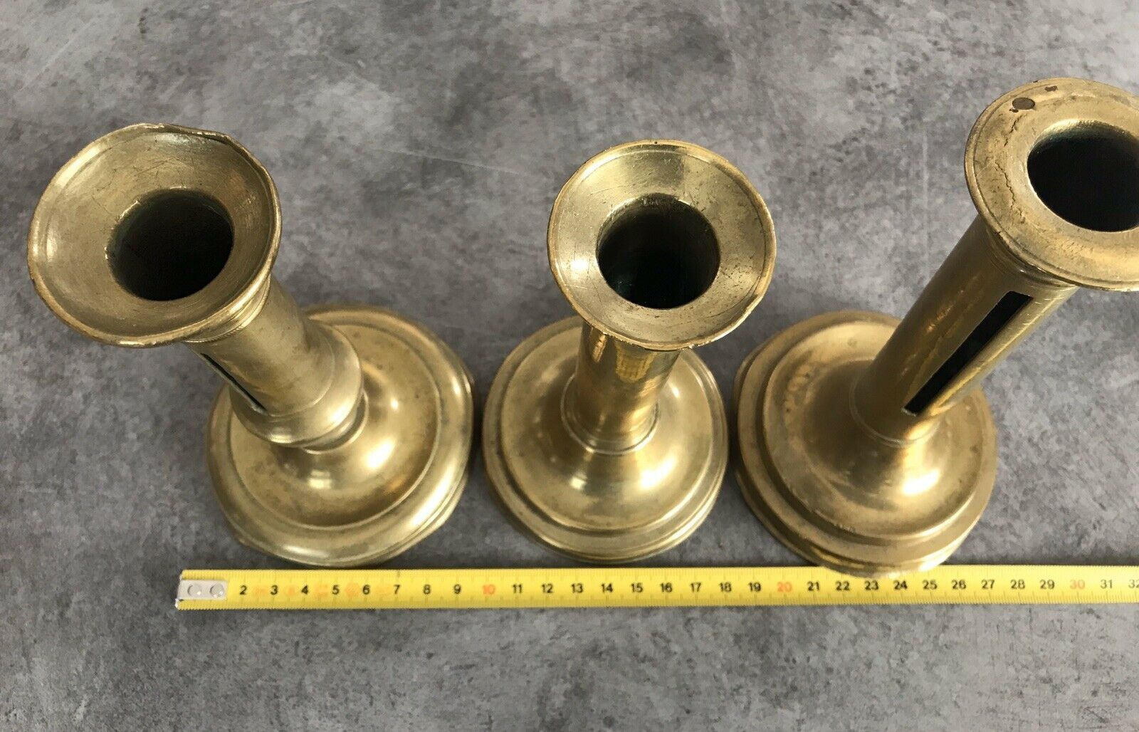Set of 3 old brass copper zipper candlesticks