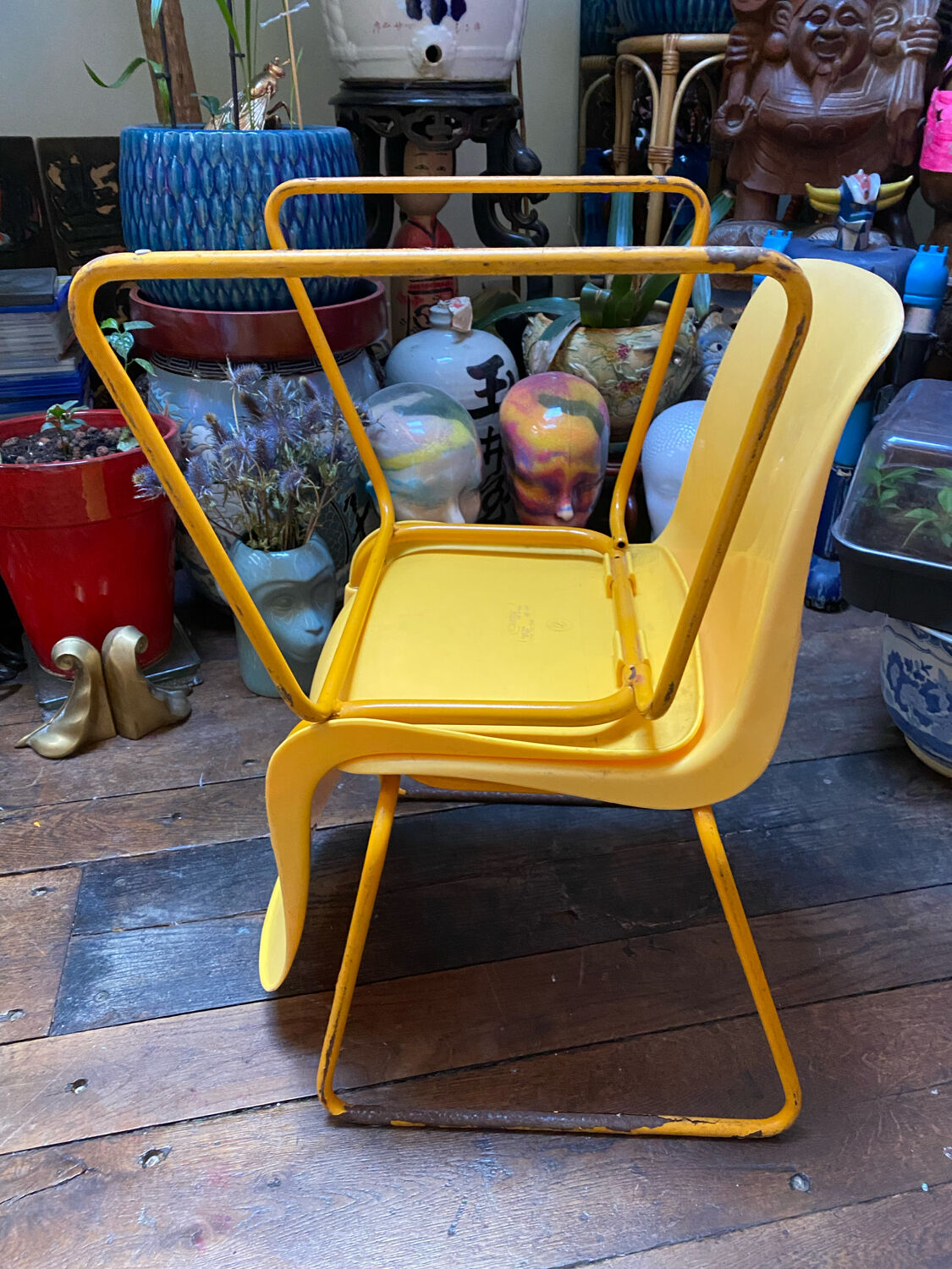 Duo of vintage Grofilex child kindergarten chairs yellow plastic