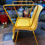 Duo of vintage Grofilex child kindergarten chairs yellow plastic