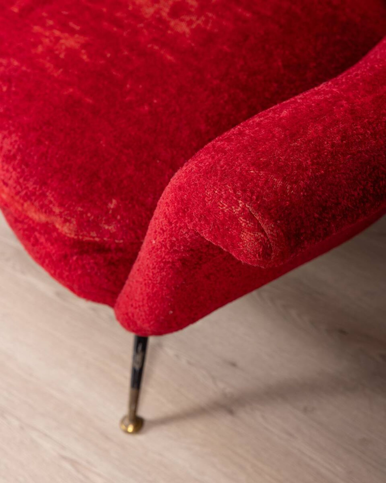 Large 1950s vintage curved sofa in red velvet italian design