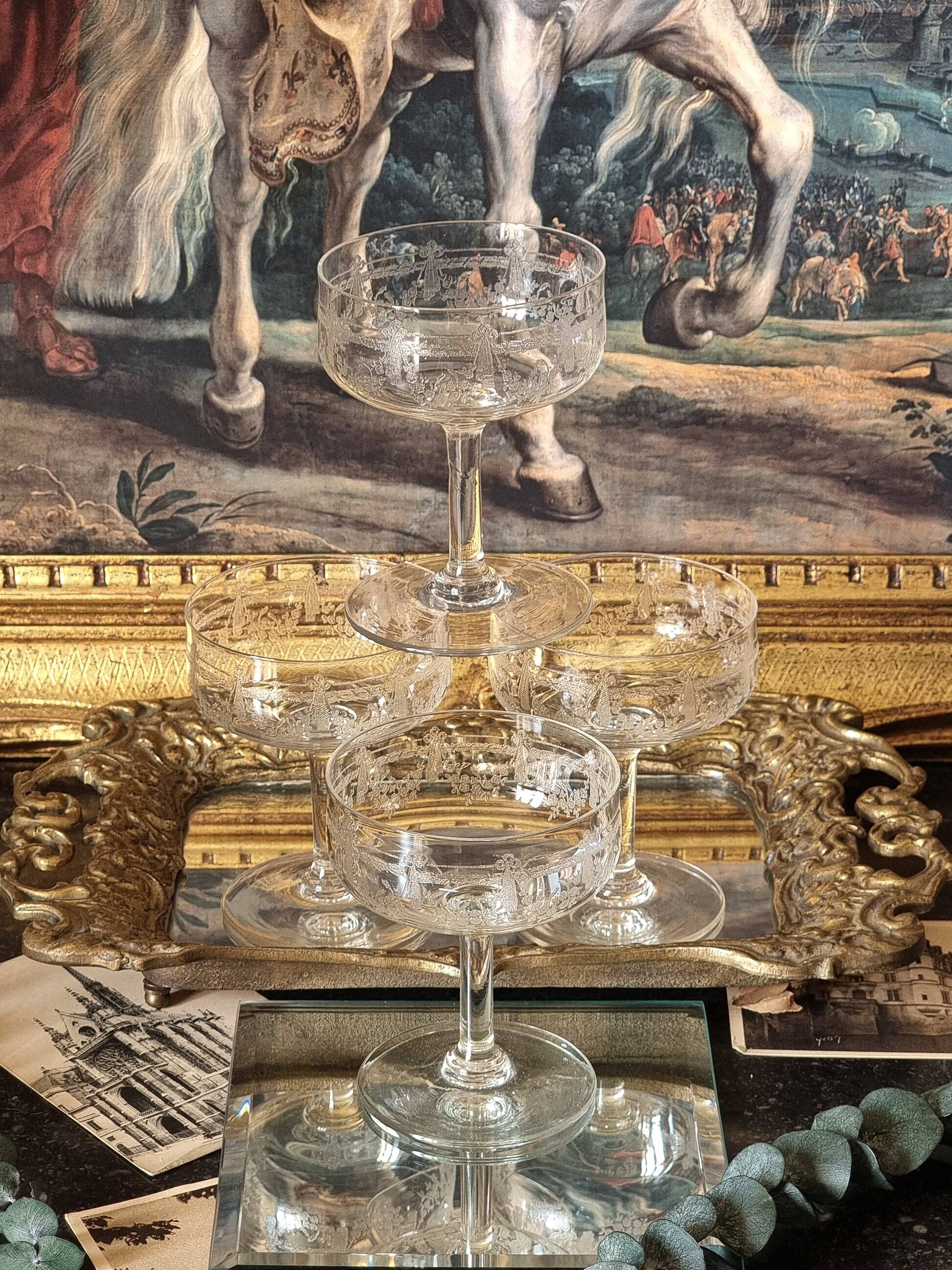 Engraved crystal champagne coupes