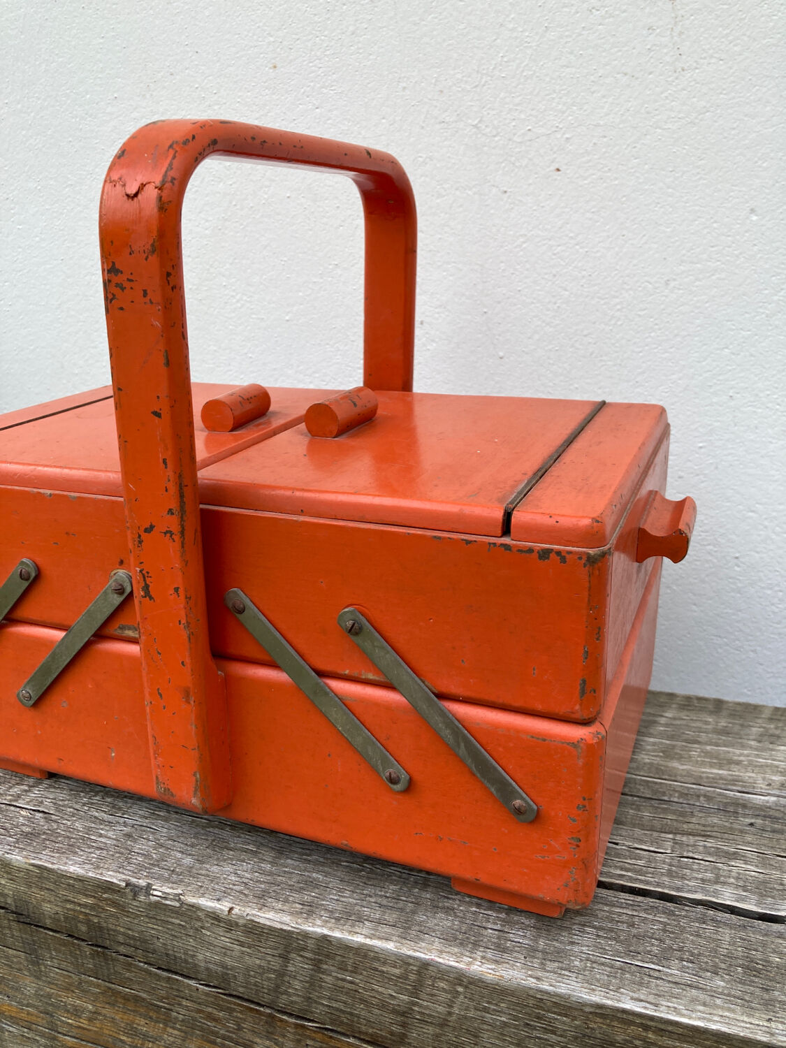Orange wooden sewing box 1960 1970