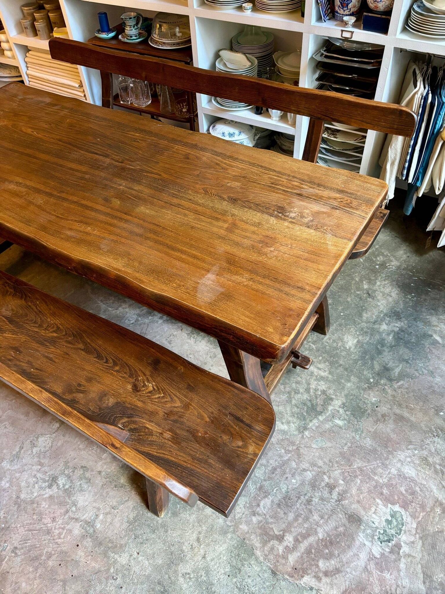 Aranjou dark wood dining table and 2 benches from the 70s/80s ☐ 200 x 89 cm