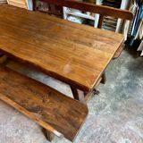 Table à manger et 2 bancs en bois foncé Aranjou années 70/80 ☐ 200 x 89 cm