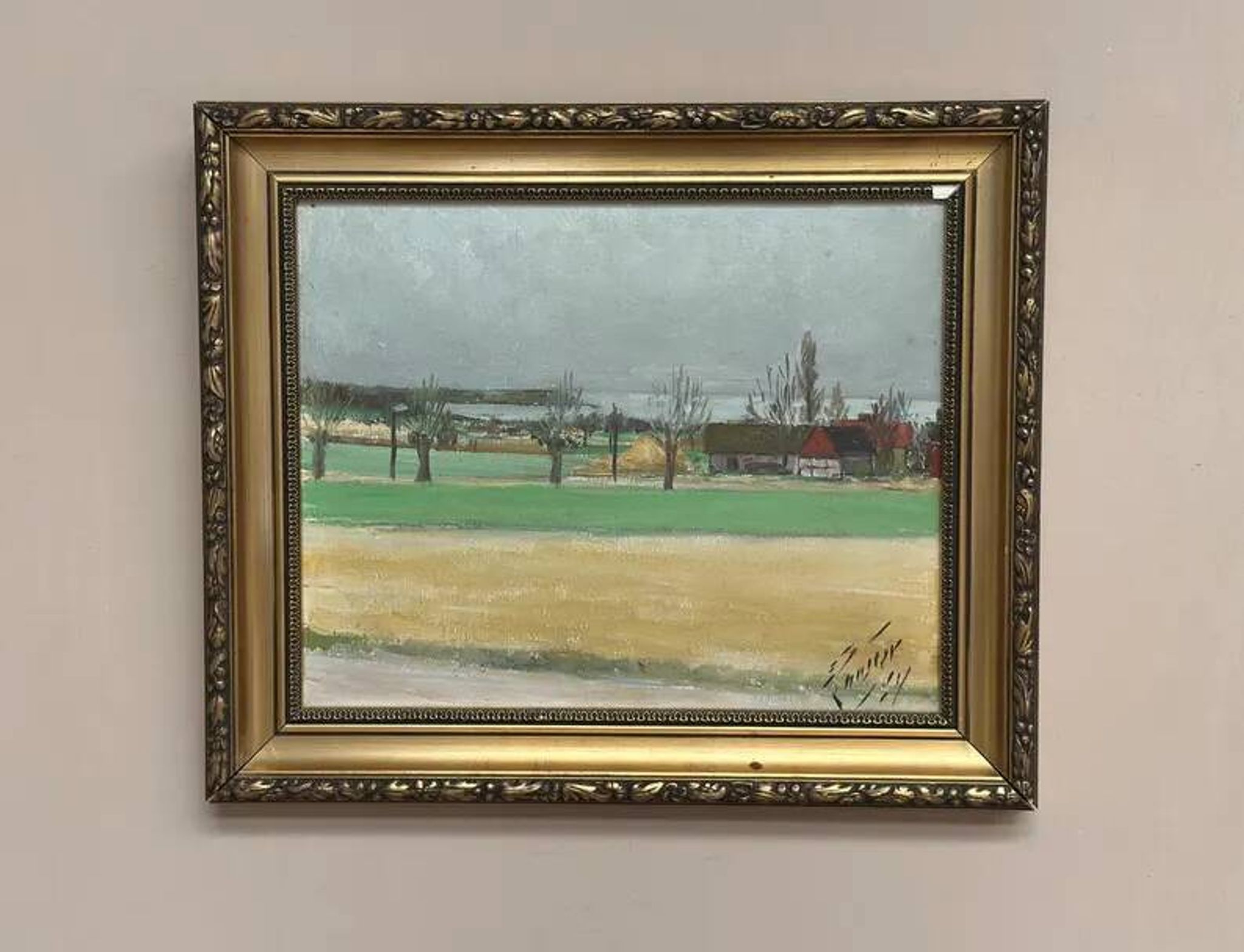 Original Swedish Oil on Panel – “Red Cottages” by Unknown Artist– Signed – Vintage & Framed – 48 × 40 cm (18.8" × 15.7")