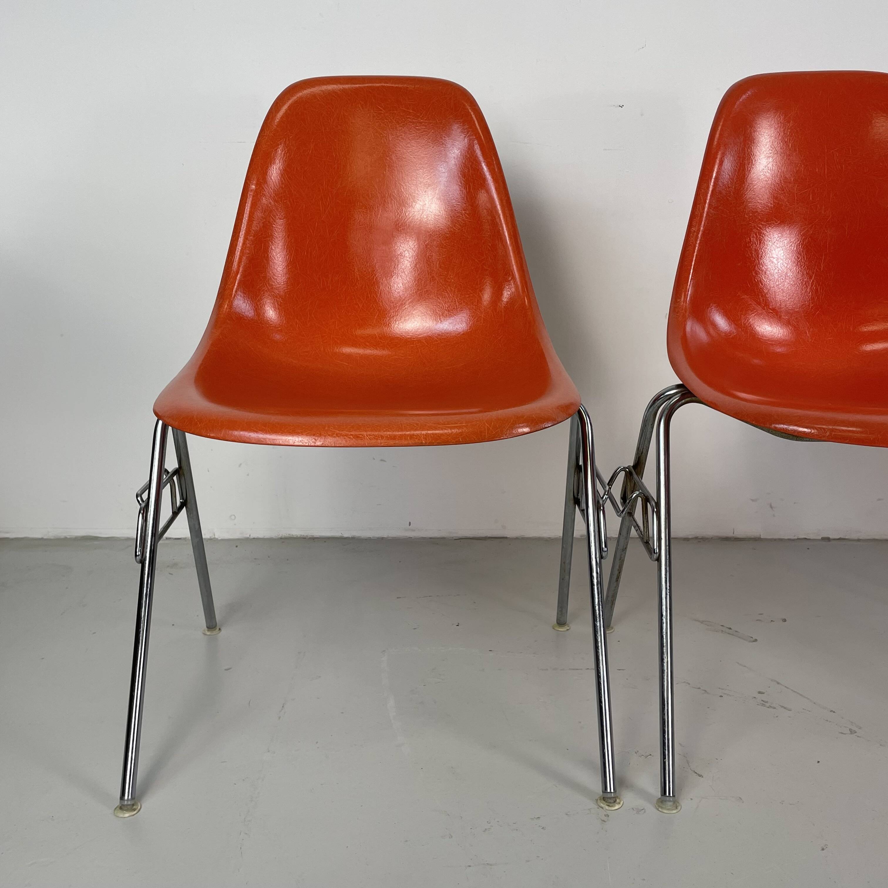 Set of 4 Eames for Herman Miller DSS side chairs in coral