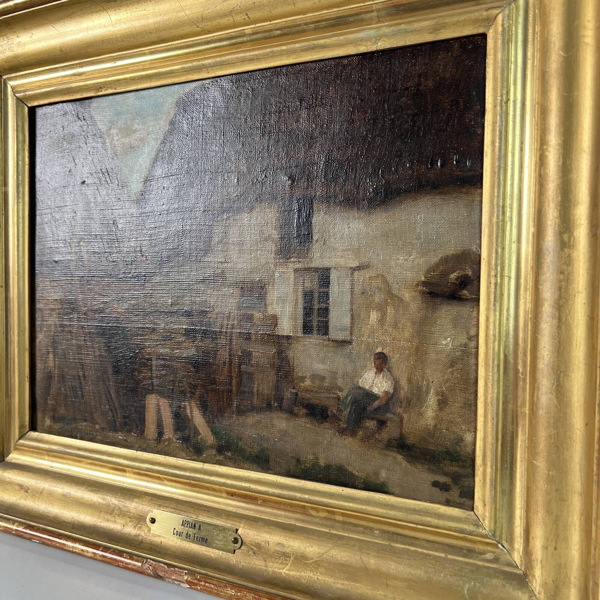 Oil painting on canvas by Adolphe Appian, farm courtyard, Lyon school, 19th century.