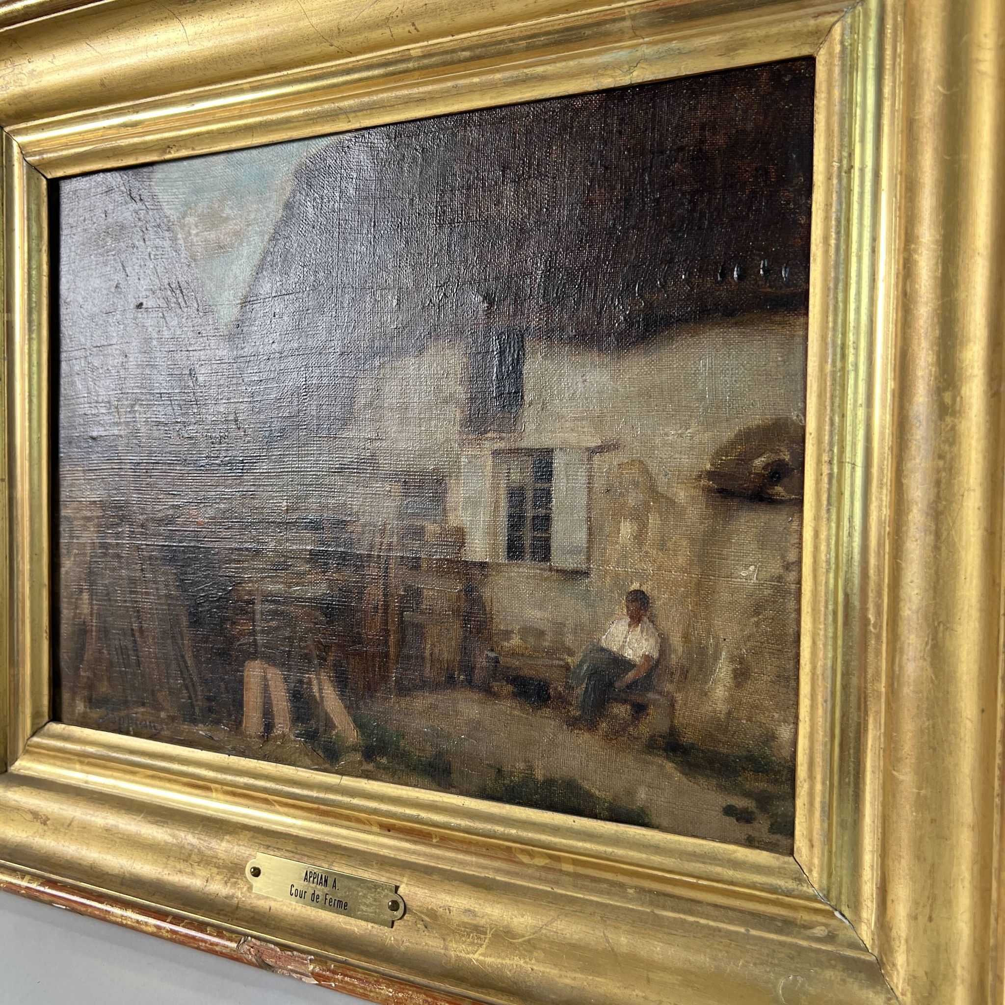 Oil painting on canvas by Adolphe Appian, farm courtyard, Lyon school, 19th century.
