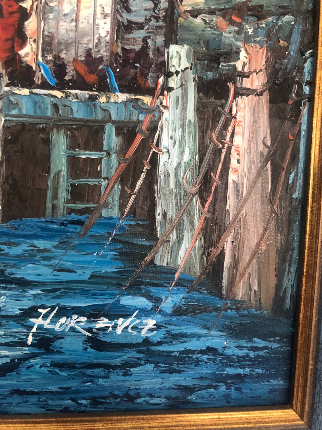 Oil painting on canvas Marine, Boat at the quay signed Florence
