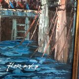 Tableau Huile sur toile Marine, Bâteau à quai signé Florence