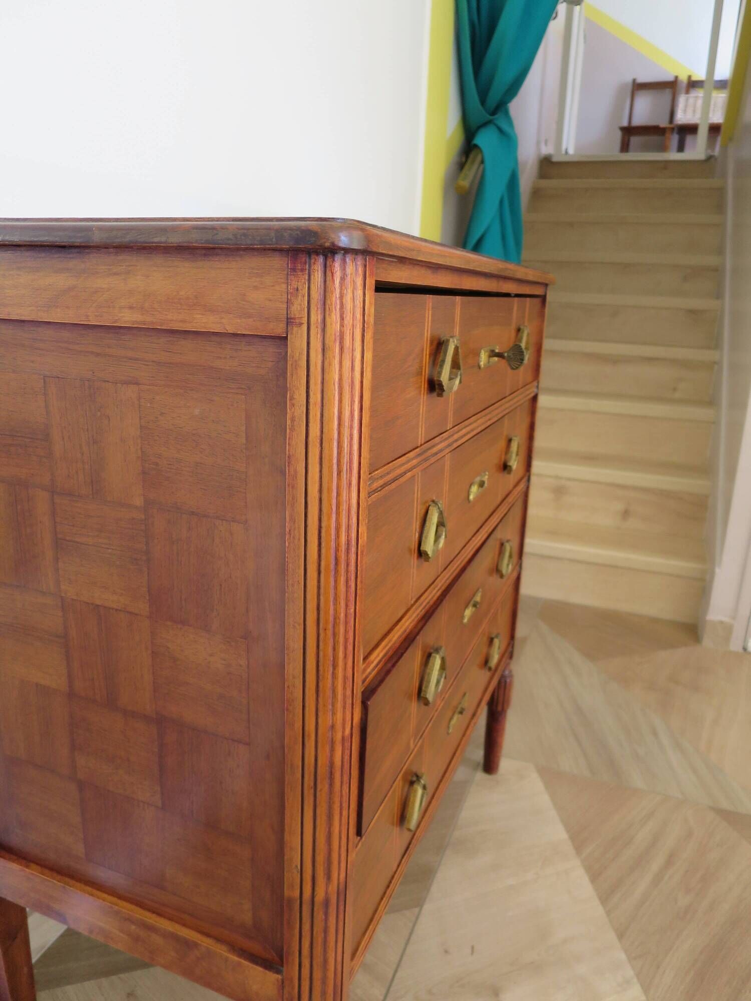 Art Deco chest of drawers - 4 drawers - locks - checkered wood veneer top - 50s