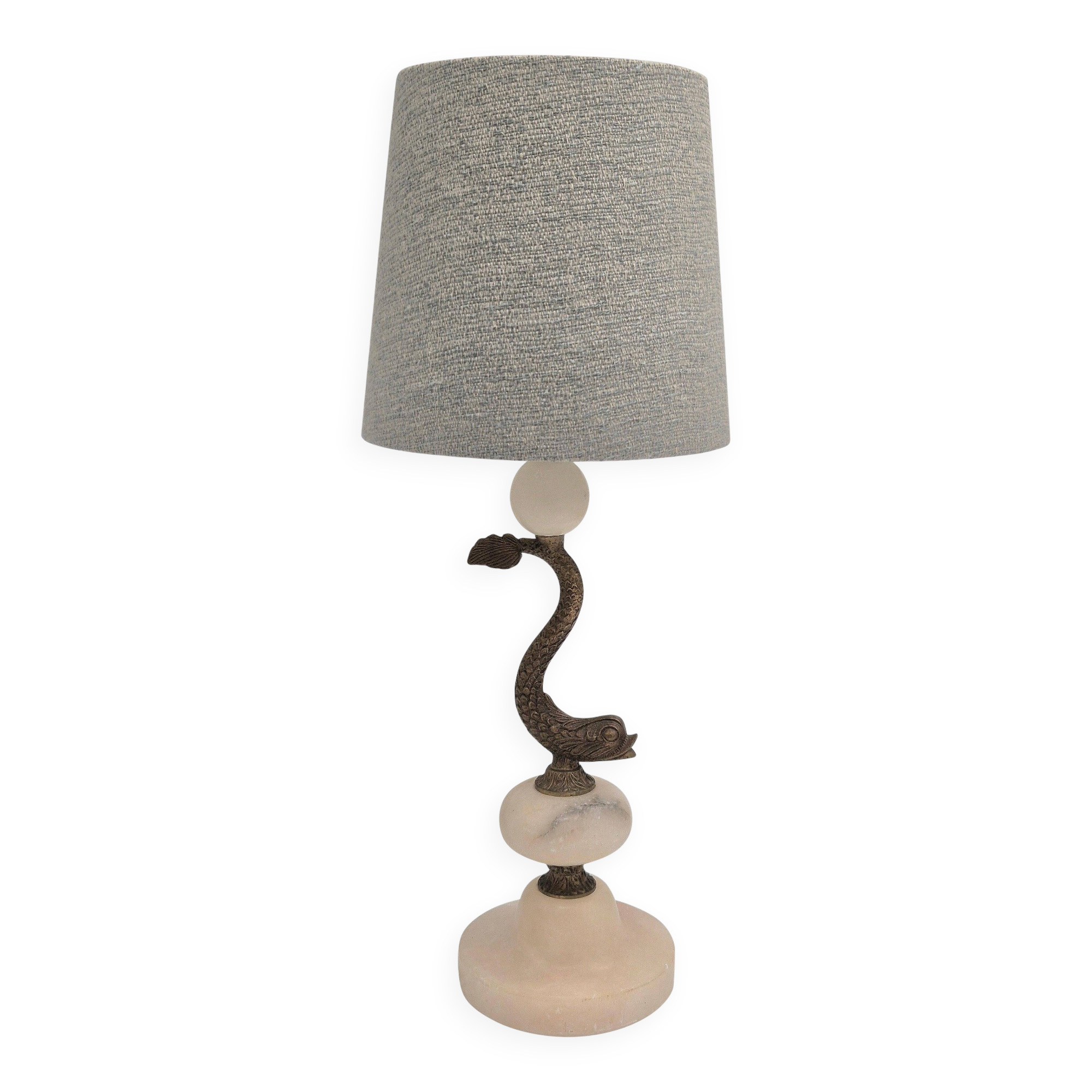Sculptural table lamp in alabaster with fish/dolphin decoration, Swedish Grace