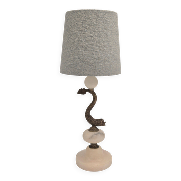 Sculptural table lamp in alabaster with fish/dolphin decoration, Swedish Grace