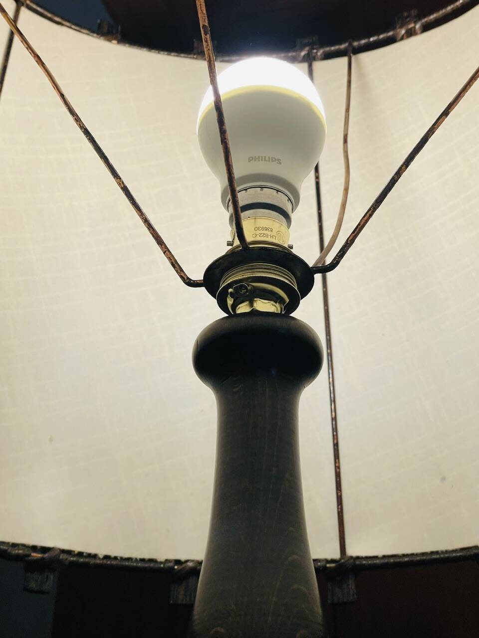 Vintage Floor Lamp Turned Wood, Bamboo Rattan Circa 1950s