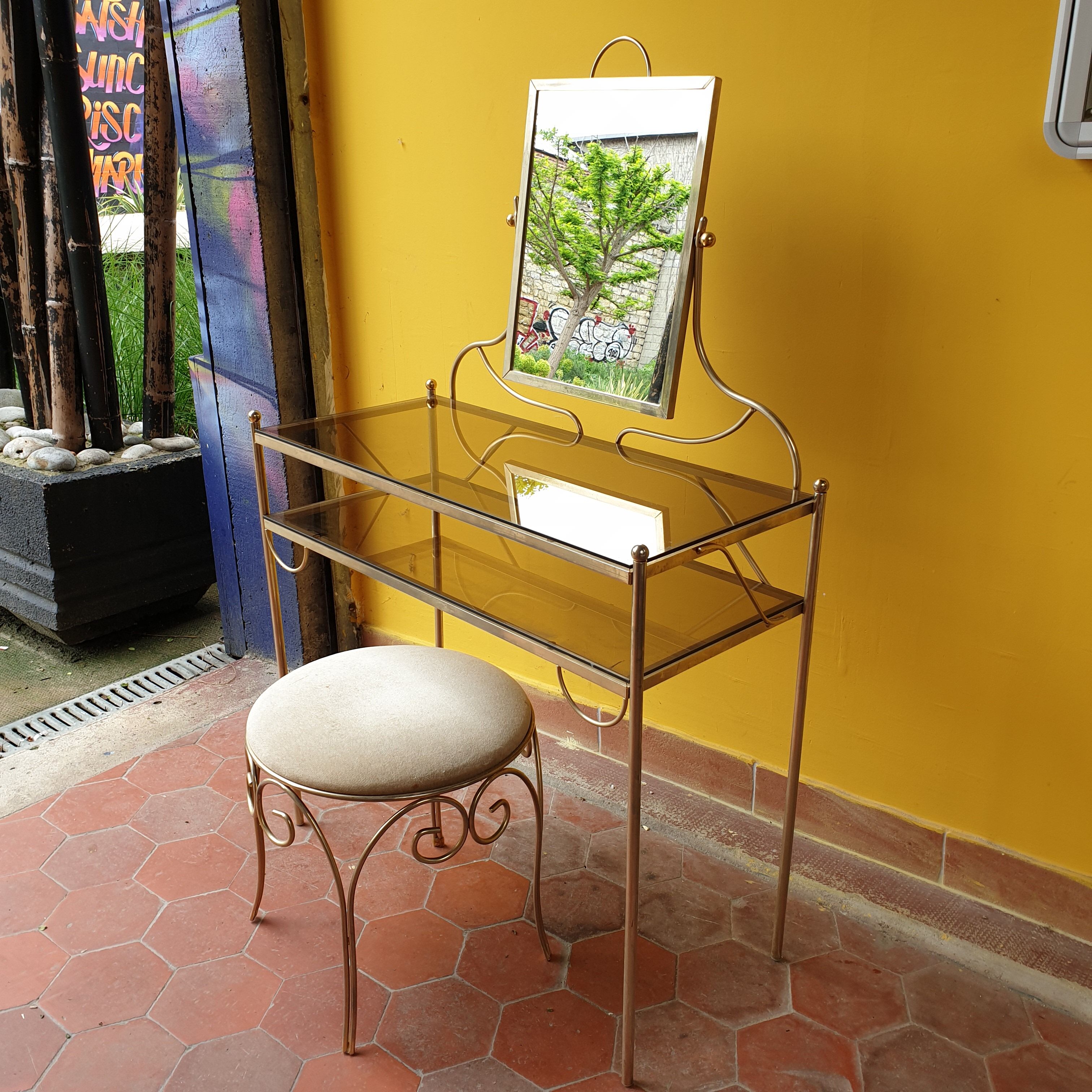 Vintage hairdresser 1950s brass and glass with mirror and matching seat