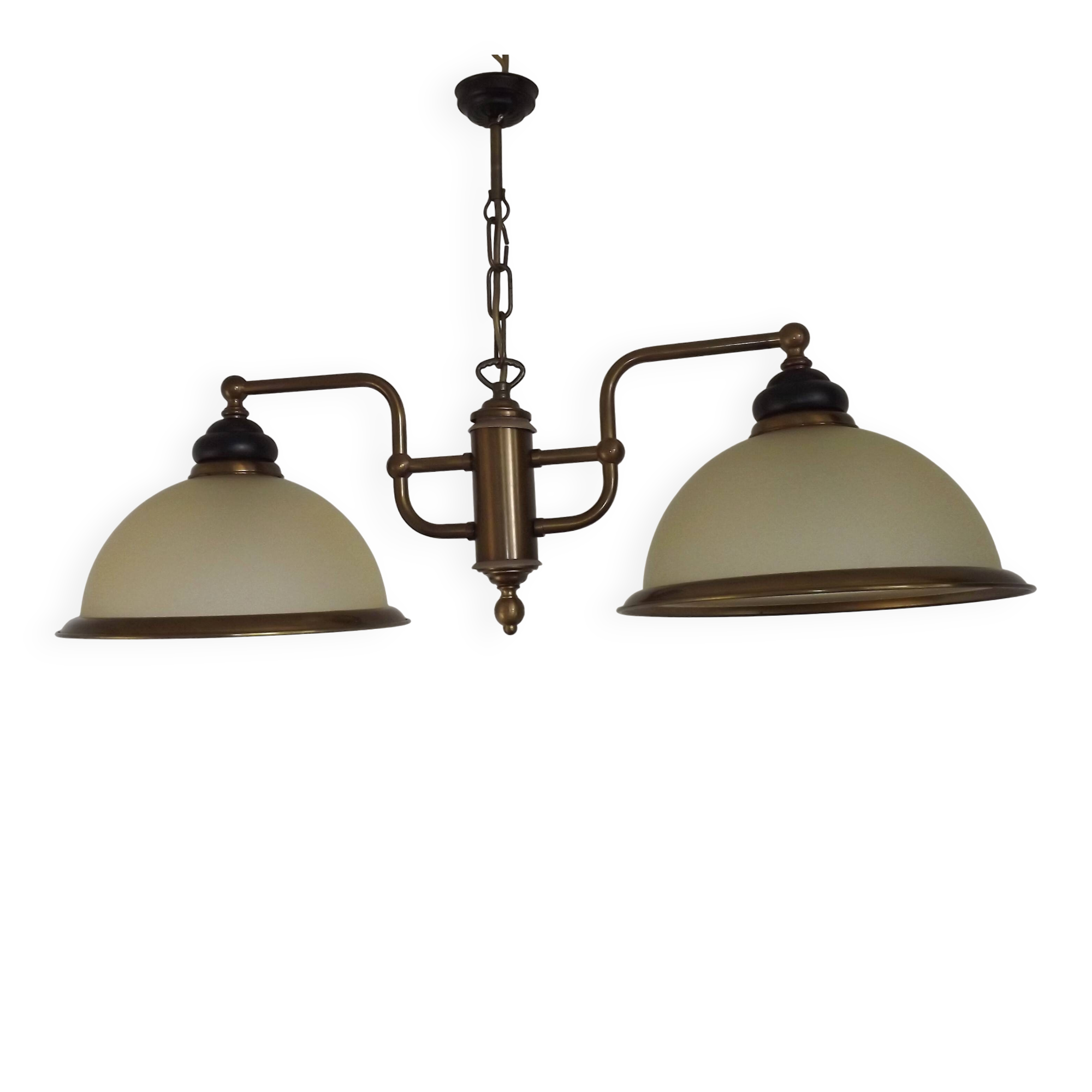 French Mid Century Bronze Effect Metal Double Billiard Light Glass Shades