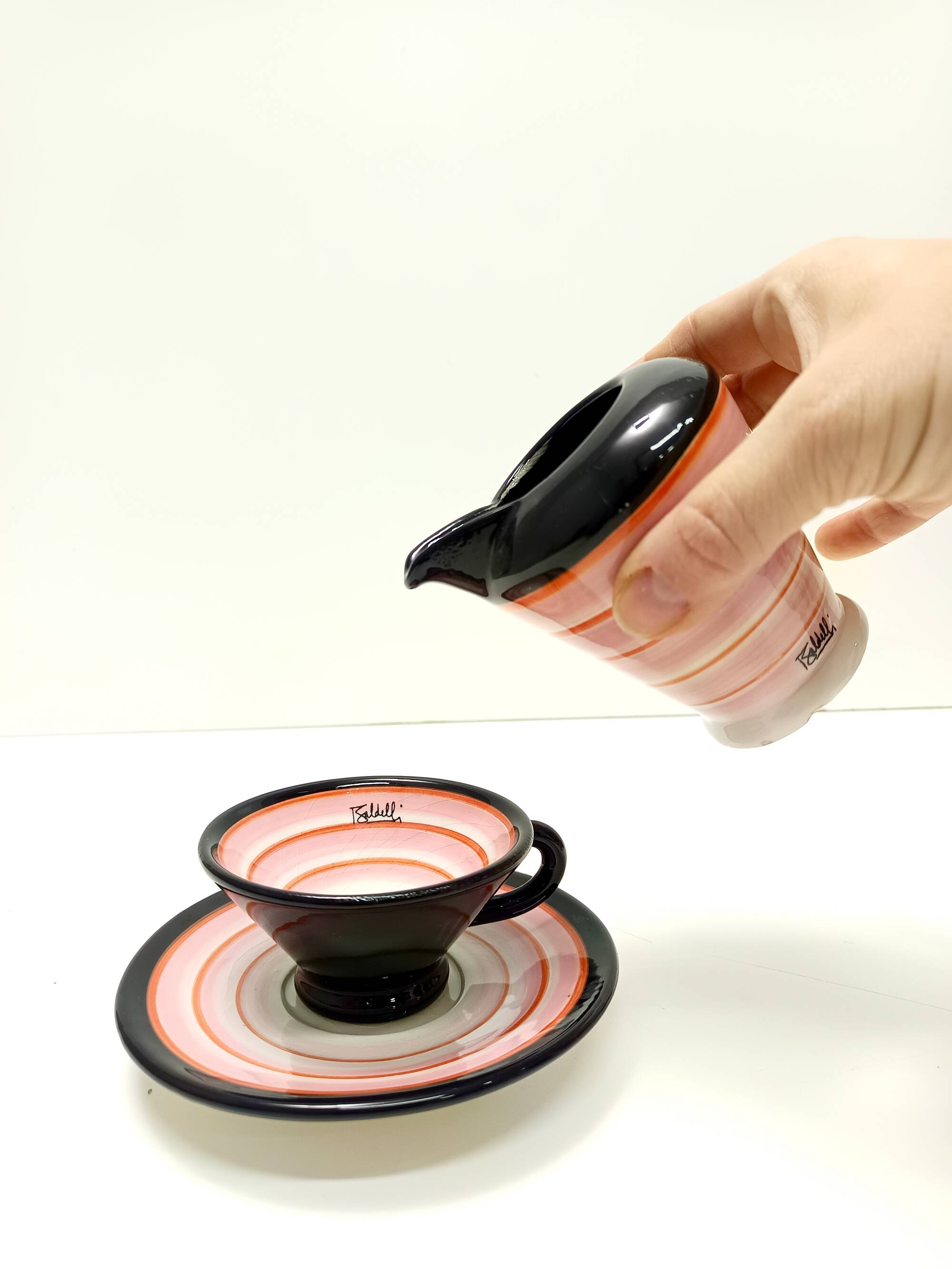 Set of Four Ceramic Coffee Cups by Baldelli with Milk Jug and Sugar Bowl, Italy