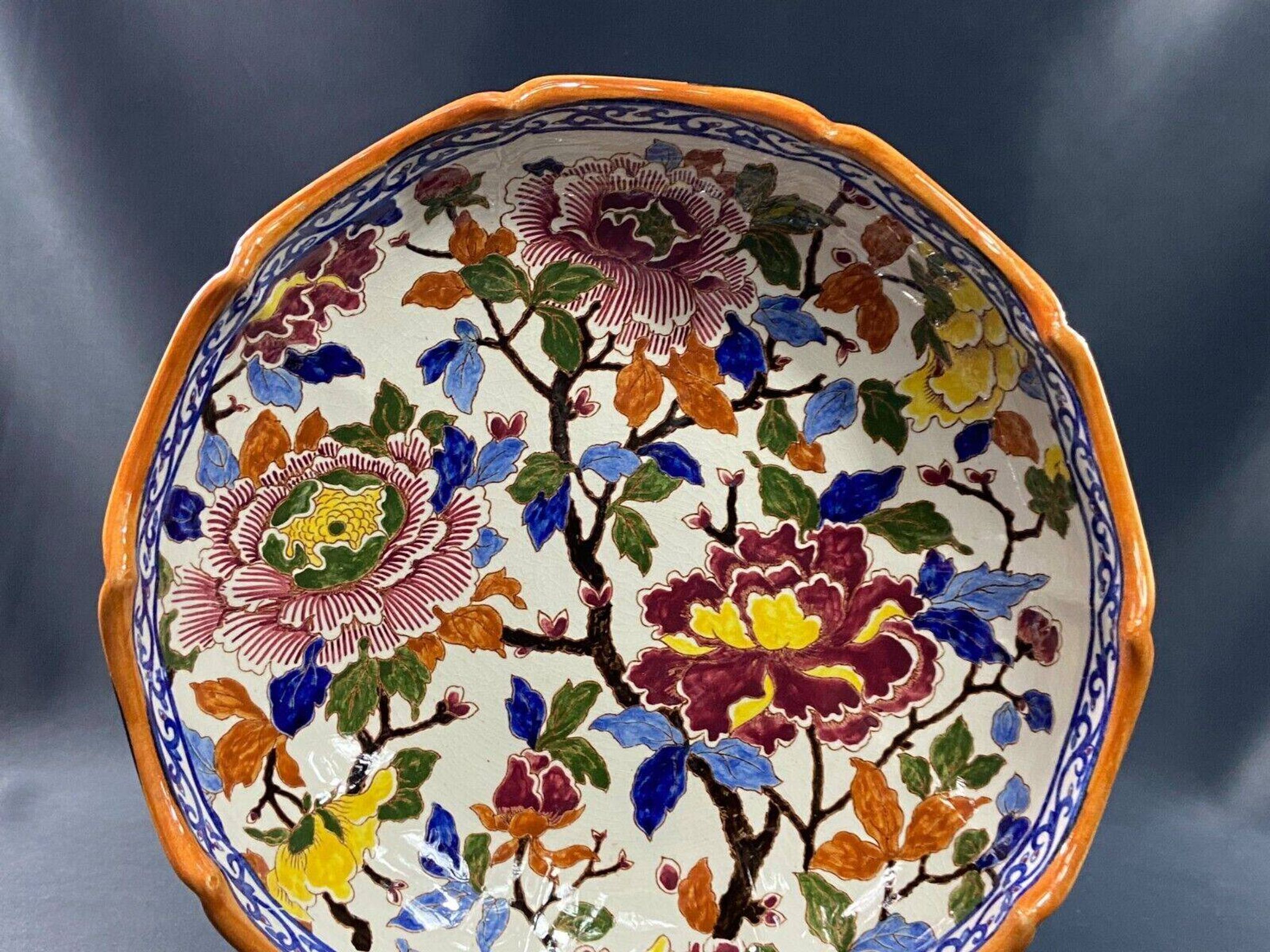 Deep dish, centerpiece, melonnière bowl in Gien earthenware, Peonies decor