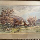 Watercolor by the painter Henri Joubert (1873 - ?), Autumn Landscape