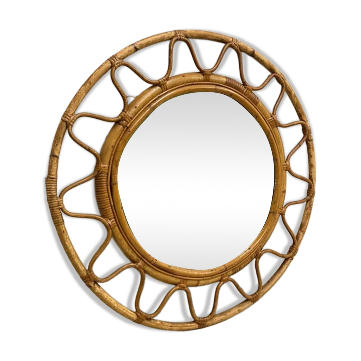 Rare mid-century round Italian mirror with double bamboo weaved wicker frame, 19
