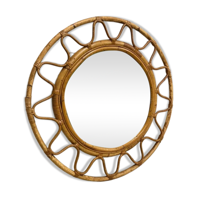 Rare miroir rond italien du milieu du siècle avec cadre en osier tressé en bambou double, 19