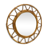 Rare miroir rond italien du milieu du siècle avec cadre en osier tressé en bambou double, 19