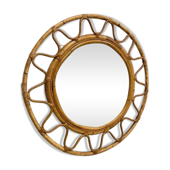 Rare mid-century round Italian mirror with double bamboo weaved wicker frame, 19