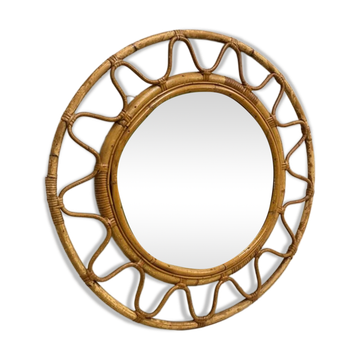 Rare mid-century round Italian mirror with double bamboo weaved wicker frame, 19