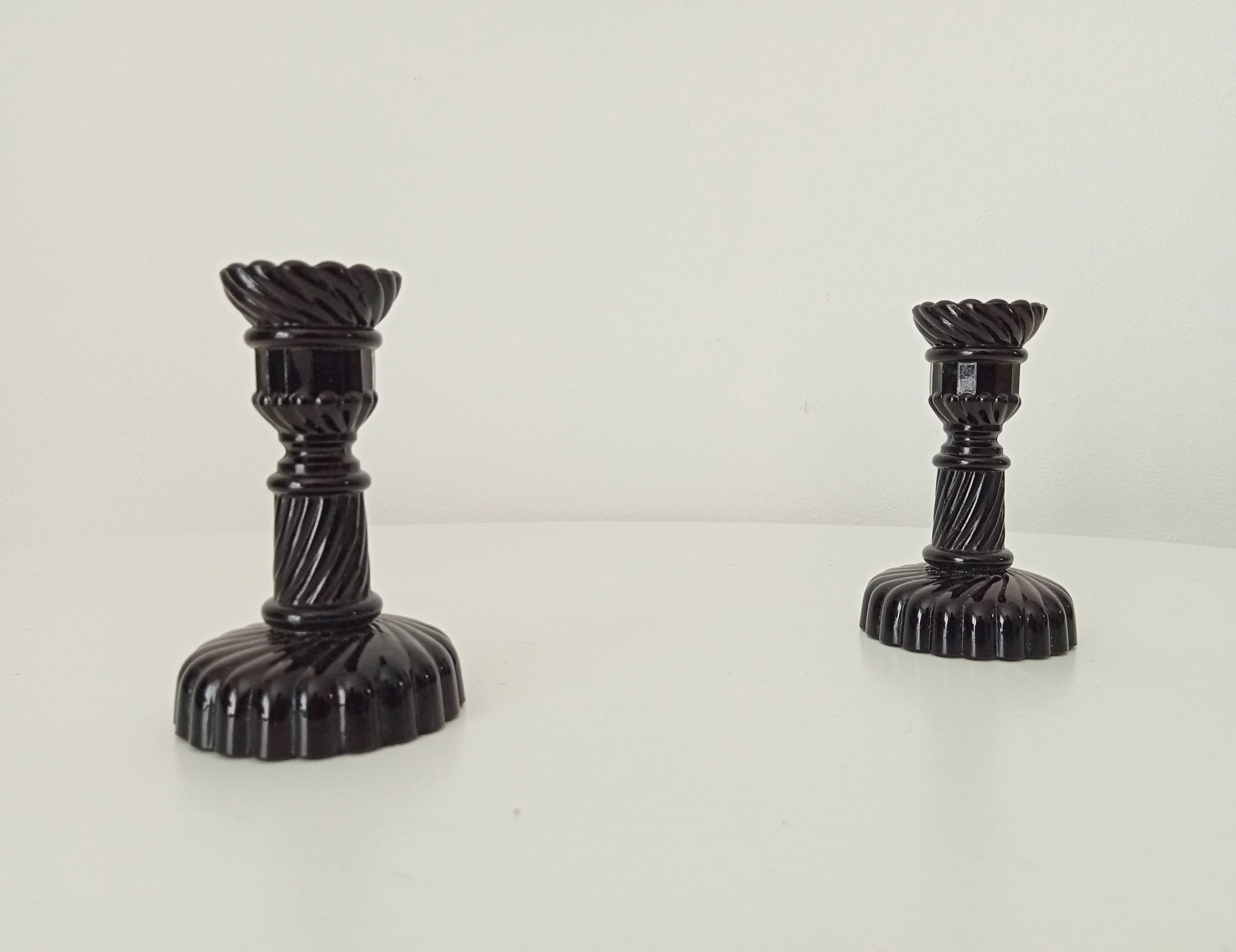 Pair of vintage 60s candlesticks in black opaline