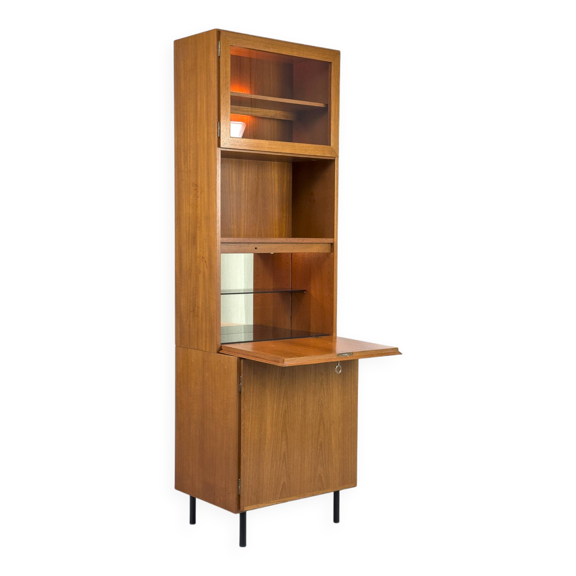 Meuble bar éclairé en teck d'Omann Jun, années 1960
