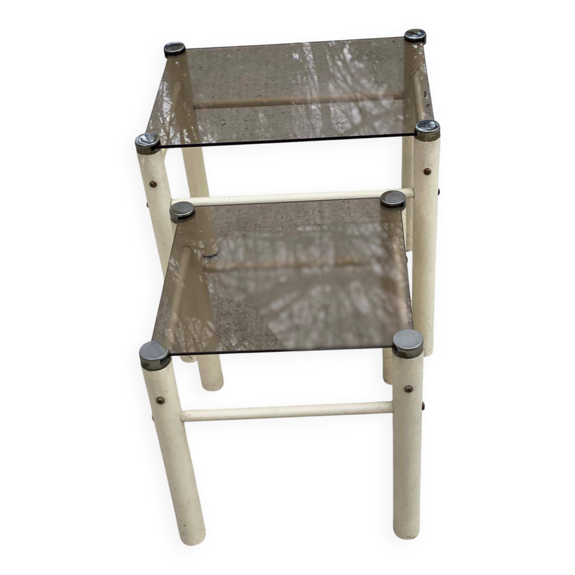 2 industrial beige glass nesting coffee tables by Yves Boutboul, 1970