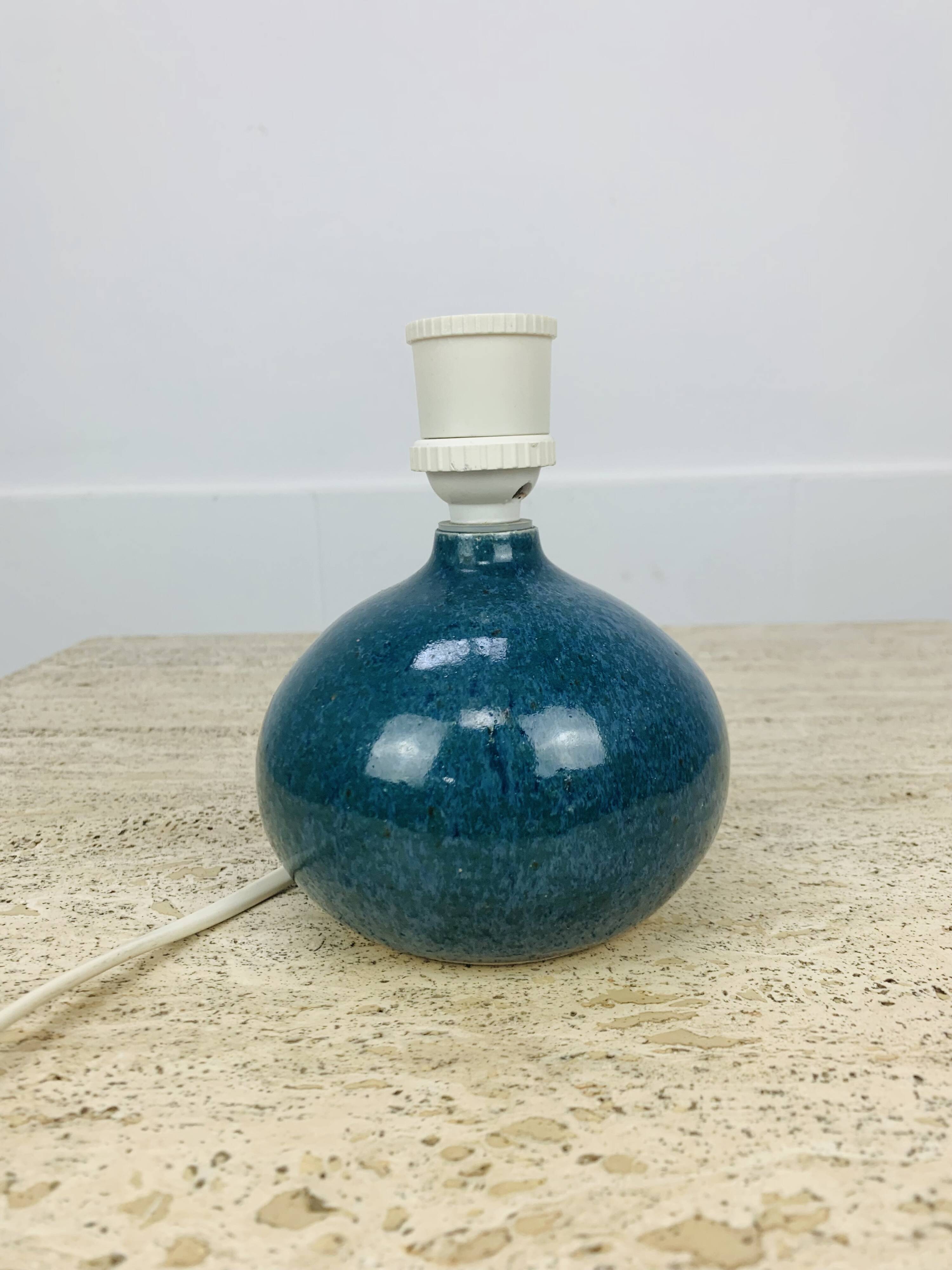 Blue ceramic ball lamp with wool lampshade, vintage