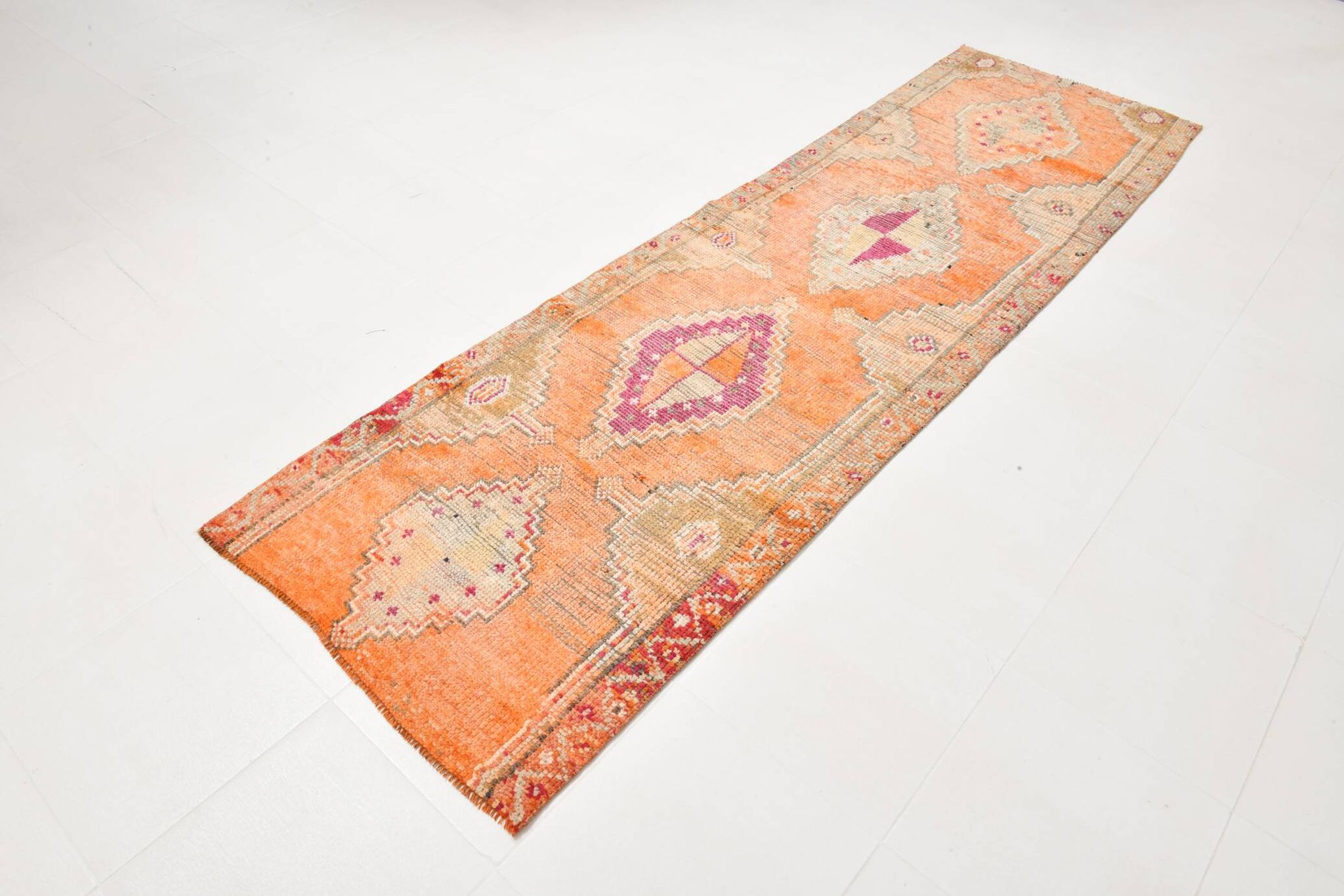 Pink & Orange Oriental Pattern Turkish Runner Rug, 90x306Cm