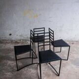 Set of 4 Black Steel Dining Chairs with Black Faux-Leather Seats — Minimalist Geometric Design