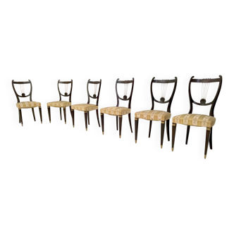 Ensemble de six chaises de salle à manger vintage en hêtre et laiton avec tissu Goldenrod, Italie
