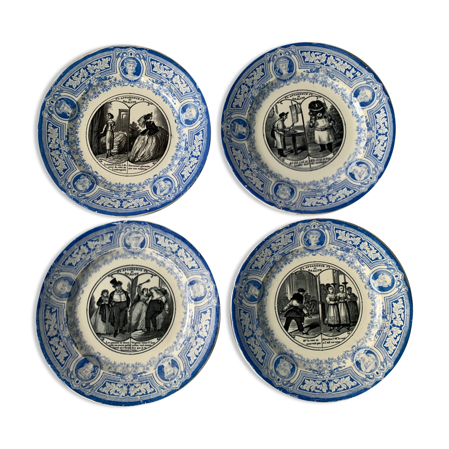 4 antique blue and black dessert plates Jules Vieillard Bordeaux 19th century