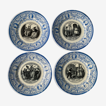 4 old blue and black dessert plates Jules Vieillard Bordeaux 19th century