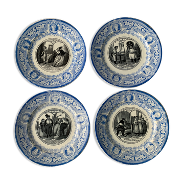 4 antique blue and black dessert plates Jules Vieillard Bordeaux 19th century
